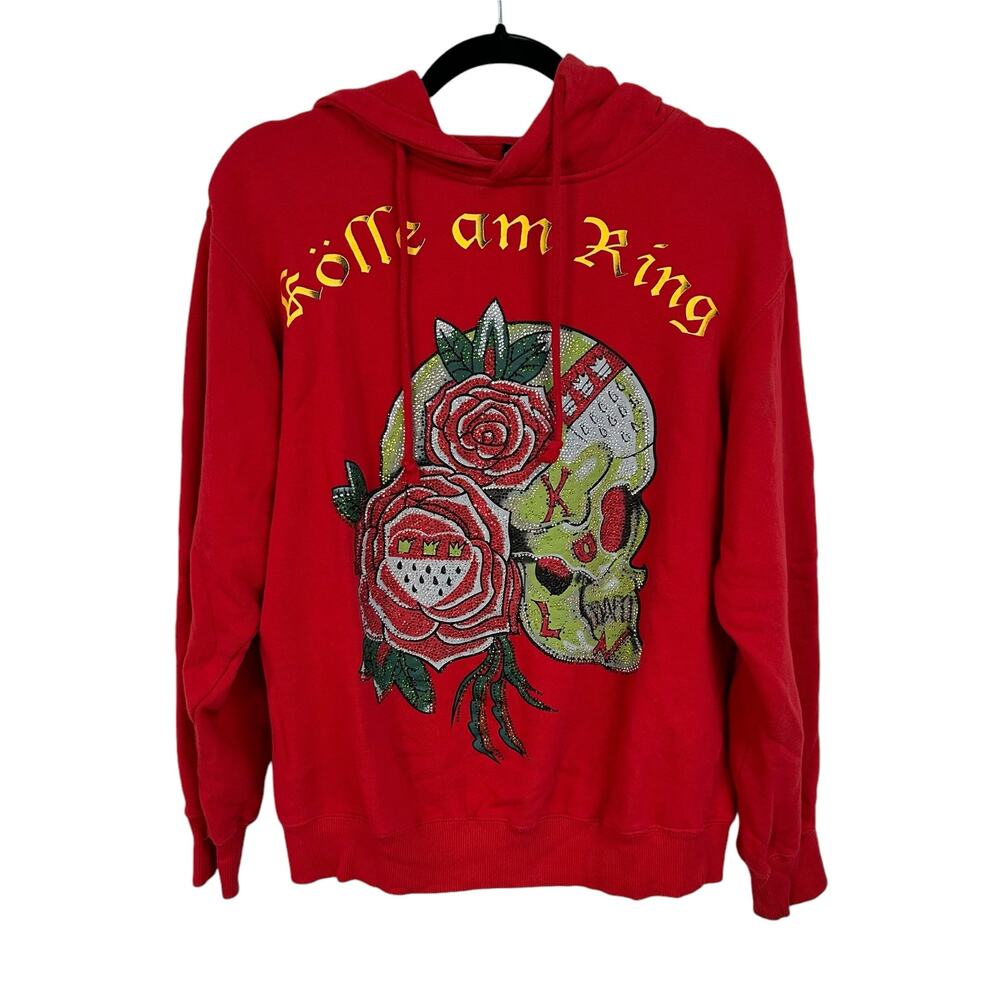 Deiters IM KARNEVAL Red Multicolor Rhinestone Skull Graphic Hoodie Mens Small